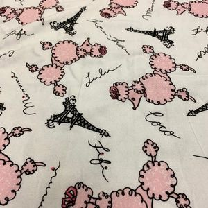 Cute White Flannel Fabric with pink French poodles and Eiffel Towers